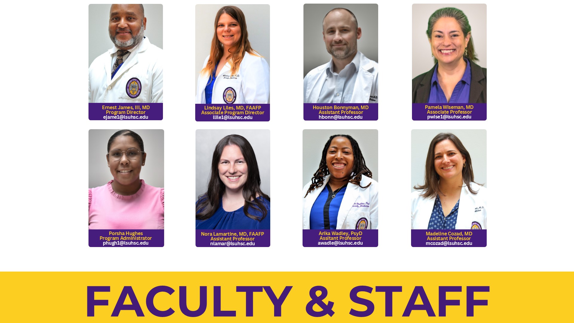 Faculty and staff directory page featuring eight professional headshots arranged in two rows of four. Each portrait includes the person’s name, title, and email address on a purple nameplate beneath the photo. The top row lists a program director, associate program director, and faculty members; the bottom row includes a program administrator and additional faculty members. A large gold banner across the bottom displays the heading “FACULTY & STAFF” in bold purple text. The page uses a purple-and-gold color scheme associated with the organization’s branding.