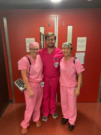 Drs. Lavie, Guidry, and Yoo wearing pink for breast cancer awareness